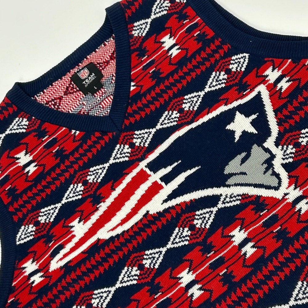 New England Patriots Sweater Vest Mens Large Blue Red NFL Team Apparel Fair Isle